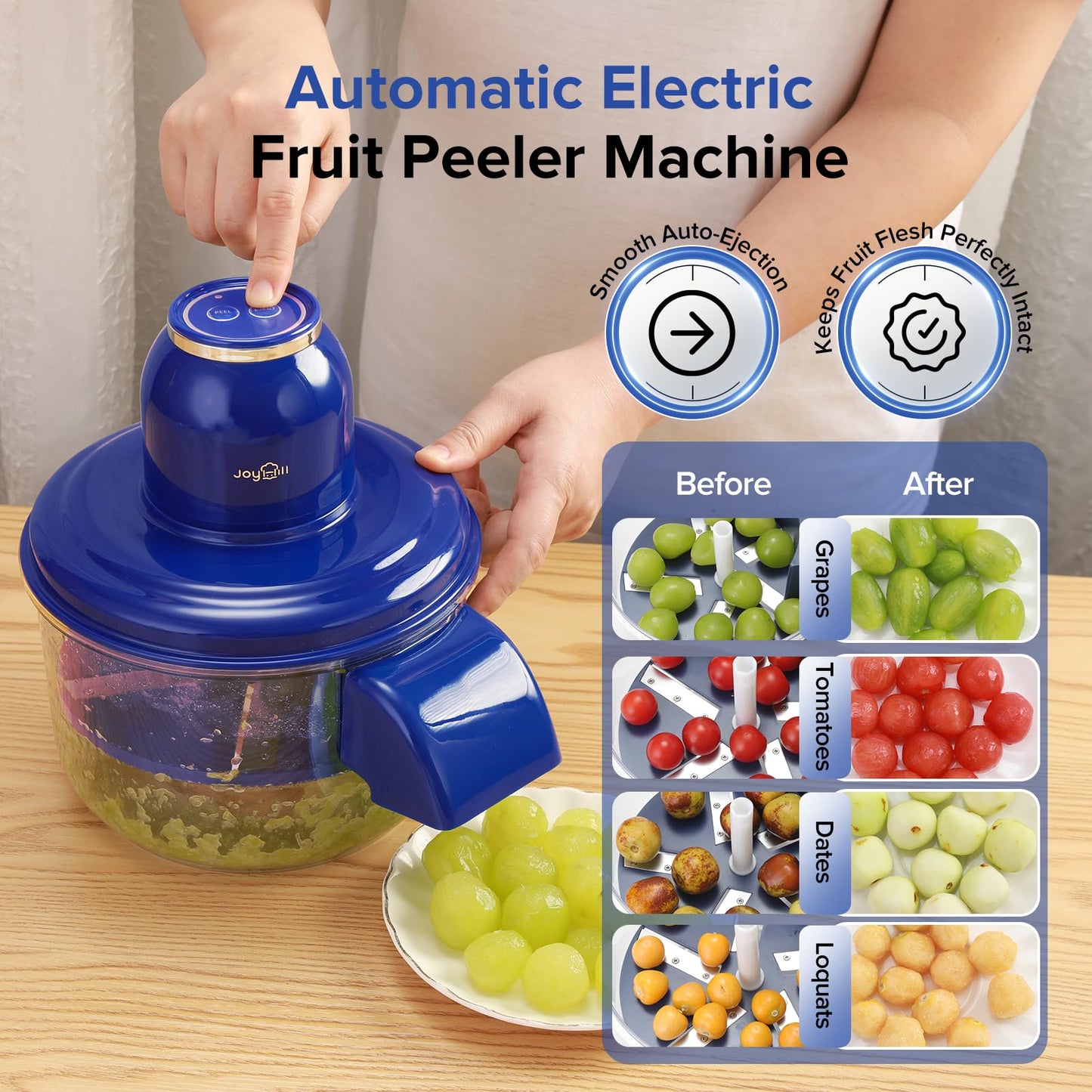 JOYHILL Electric Grape Peeling Machine, Automatic Fruit and Garlic Peeler for Grape Tomato Cherry, 50W Motor with Stainless Steel Blades, Rechargeable Cordless Kitchen Peeling Tool (Blue-1PC)