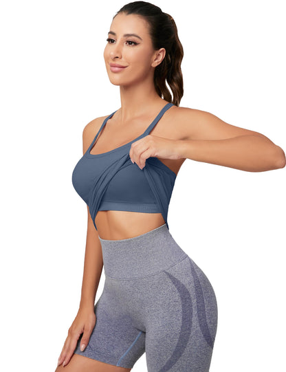 MathCat Seamless Workout Tank Tops for Women with Built in Bra, Spaghetti Strap Padded Gym Tops, Racerback Sports Athletic Slim Yoga Shirts Camisole Grey Blue