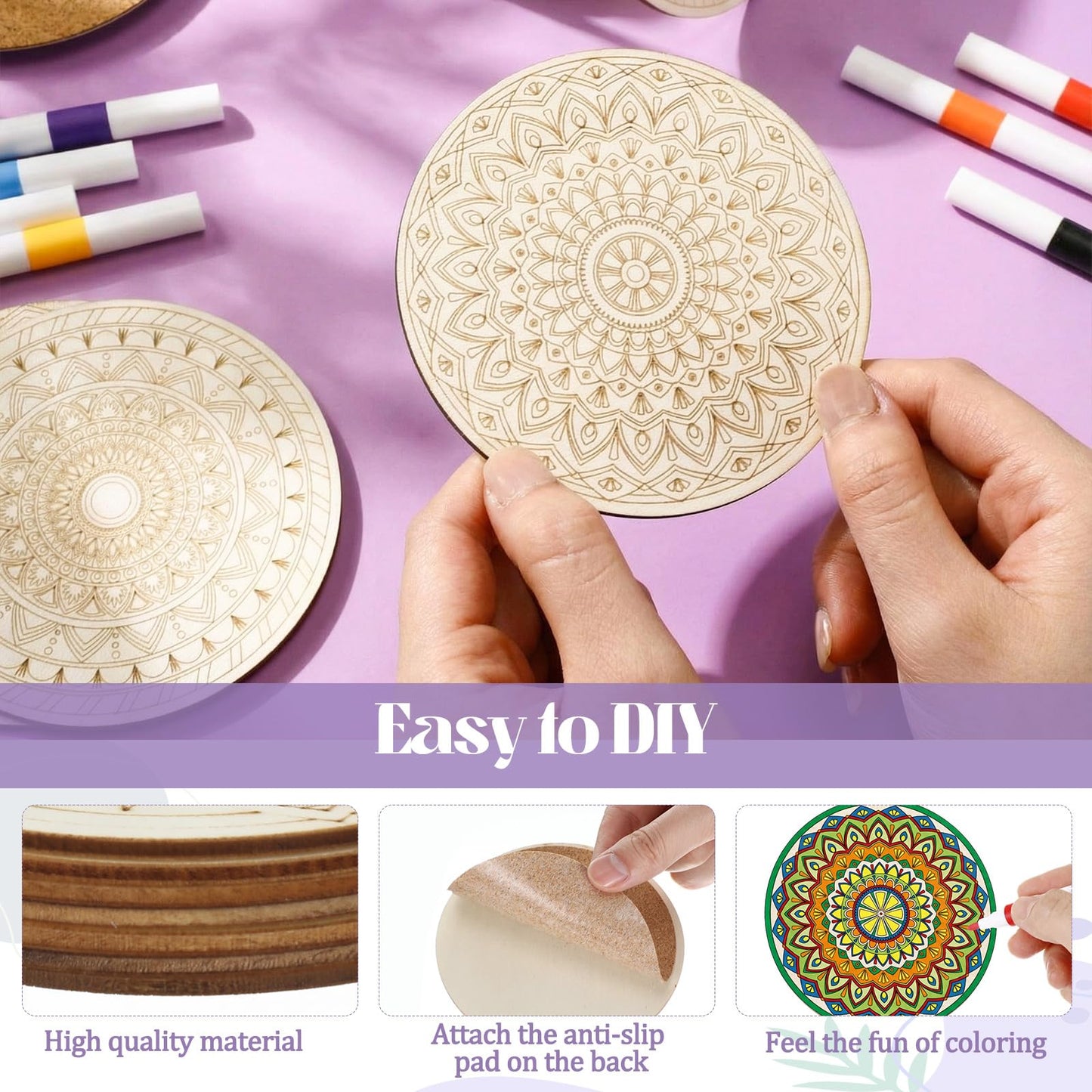 Reallnaive 77 Pcs Mandalas Coasters Painting Kit, 20 Set Wooden Drink Coasters 4 Inch with Holder & Markers Boho DIY Crafts for Adults, Women, Hobby, Color Your Own Art Craft Supplies