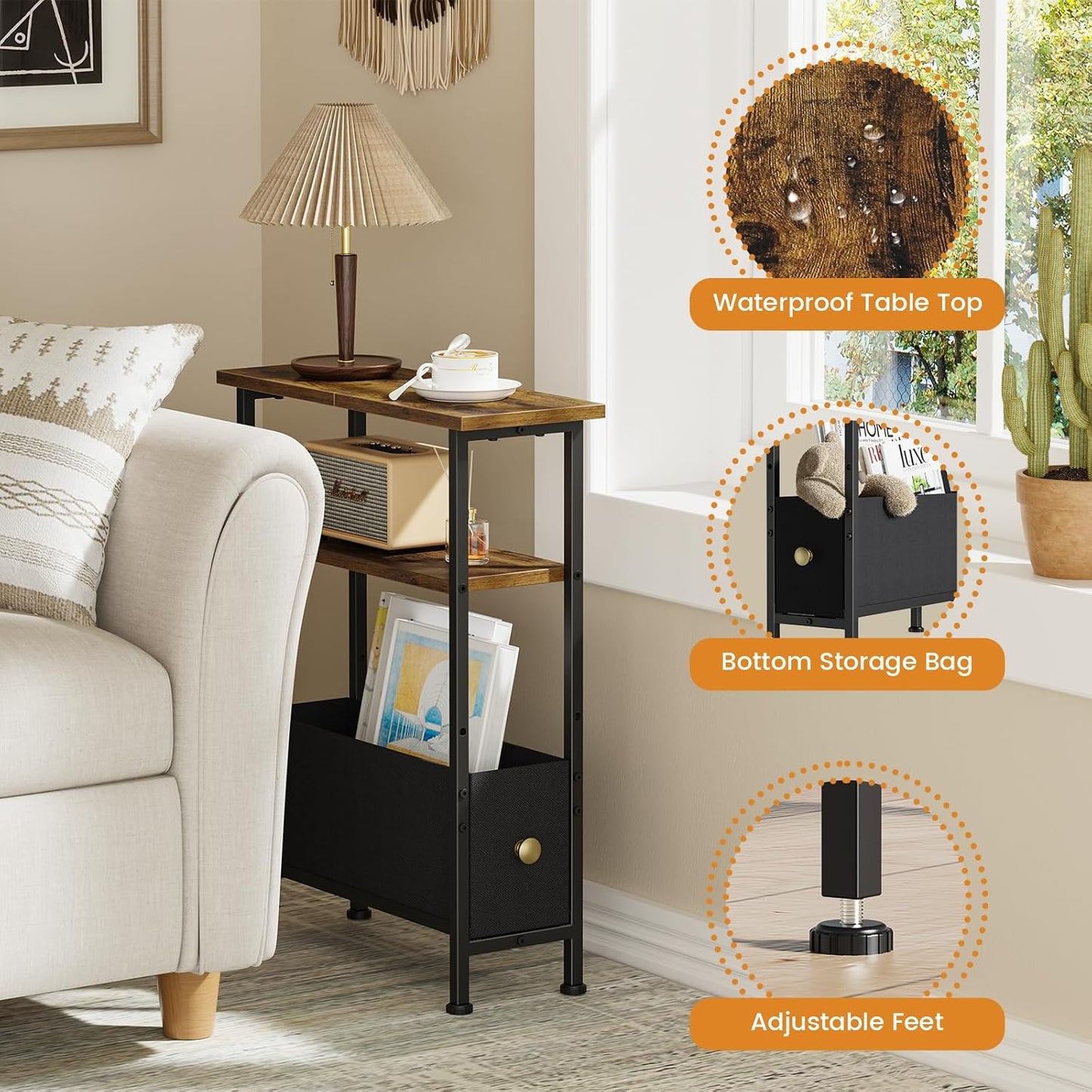1 3-Tier Narrow Small Side Table, End Table with Fabric Drawer and Storage Shelf, Skinny Nightstand, Slim Bedside Table