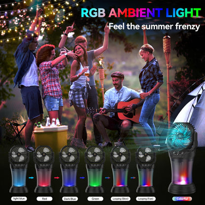 Wilody Misting Fan Portable Camping Fan Battery Powered with Remote Control, RGB Ambient Light with 2L Bucket, Battery Indicator, 120° Auto Oscillating, Timing Function, Grip Handle(Black)