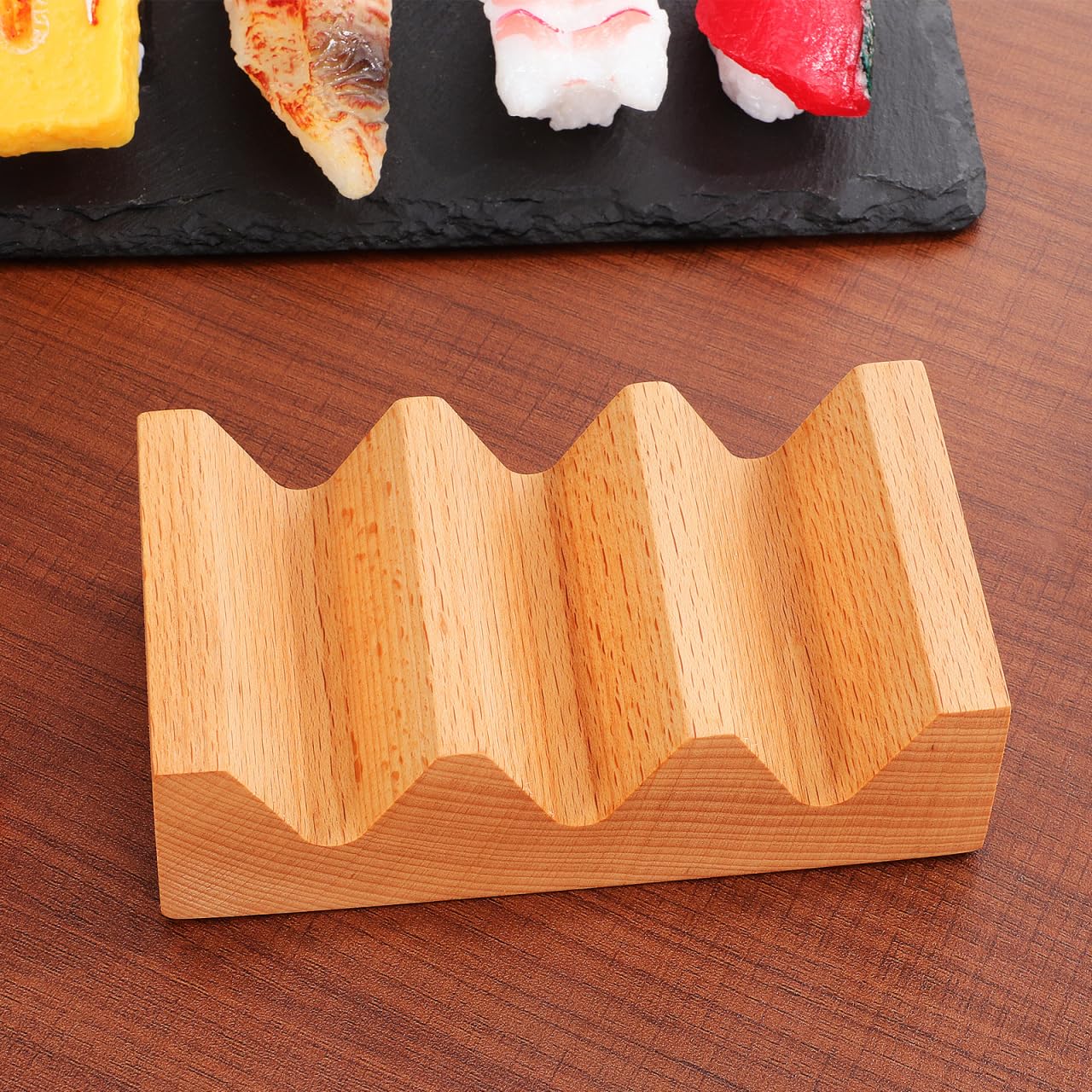 Kichvoe Wooden Sushi Stand Sushi Rack with 3 Slots V Shaped Holder for Serving Rolls on Kitchen Counter and Dining Table 5.11X2.87X1.69 Inches