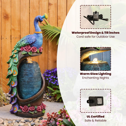 Tankana Outdoor Water Fountain 32" H Cascading Peacock Waterfall Fountain with LED Lights & Pump Tiered Water Feature for Garden, Patio, Backyard, Deck, and Porch Decor