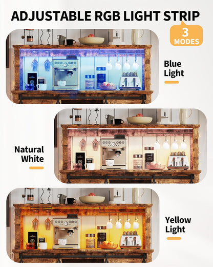 Hetoy Farmhouse Coffee Bar Cabinet 55" Tall with Sliding Barn Door, LED Light, Power Outlet – Storage Drawers, 12-Bottle Wine Rack, Ideal Coffee Hutch for Dining Room or Home Bar