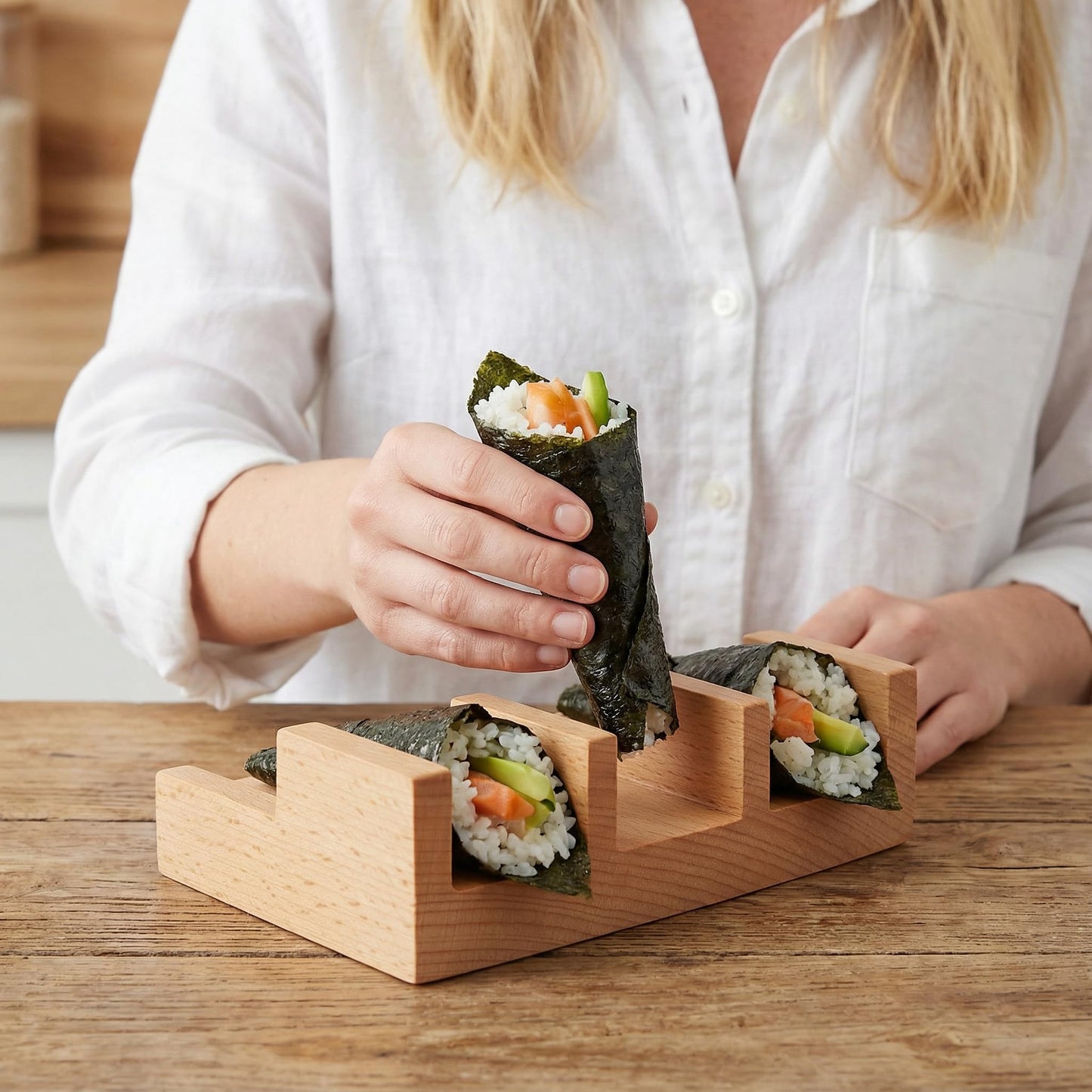 VOSAREA Sushi Taco Holder Wood Sushi Display Rack U Shaped Sashimi Plate Sushi Hand Roll Stand Sushi Platter Wood Taco Holder Sushi Taco Plate Japanese Novelty Serving Tray