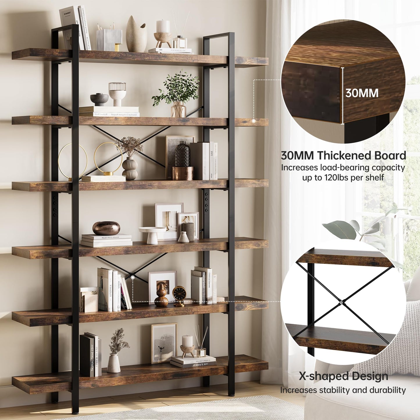 EPLICEMR 6 Tier Bookshelf 2 PCS, 80" H Heavy Duty Bookshelf,120lbs Shelf Capacity, 47" W Wood Industrial Bookshelf, Rustic Open Reinforced Horizontal Shelves for Living Room,Bedroom, Office