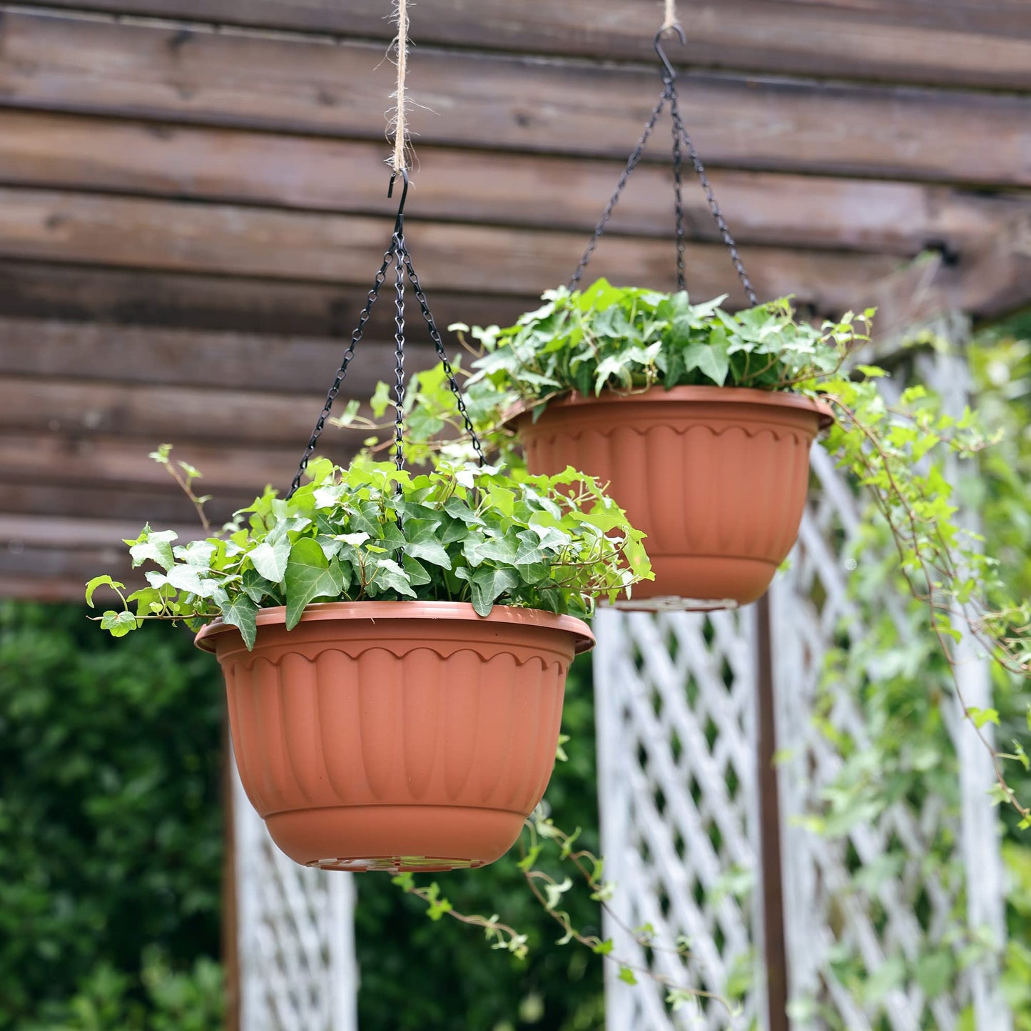YIKUSH Hanging Planter for Indoor and Outdoor Plants 2 Pack 12 inch Flower Pot Plastic Plant Pot with Drainage Hole and Absorbing Tray（Terracotta）