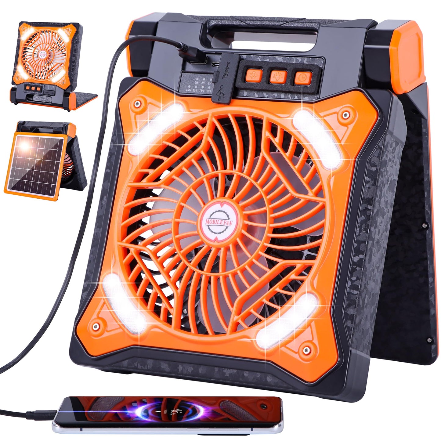 WESTTREE Solar Fan Battery Powered Rechargeable Solar Camping Fan with Led Lantern Power Bank Foldable Angle USB Personal Fans for Travel Outdoor CampingTents camping essentials X98 Orange