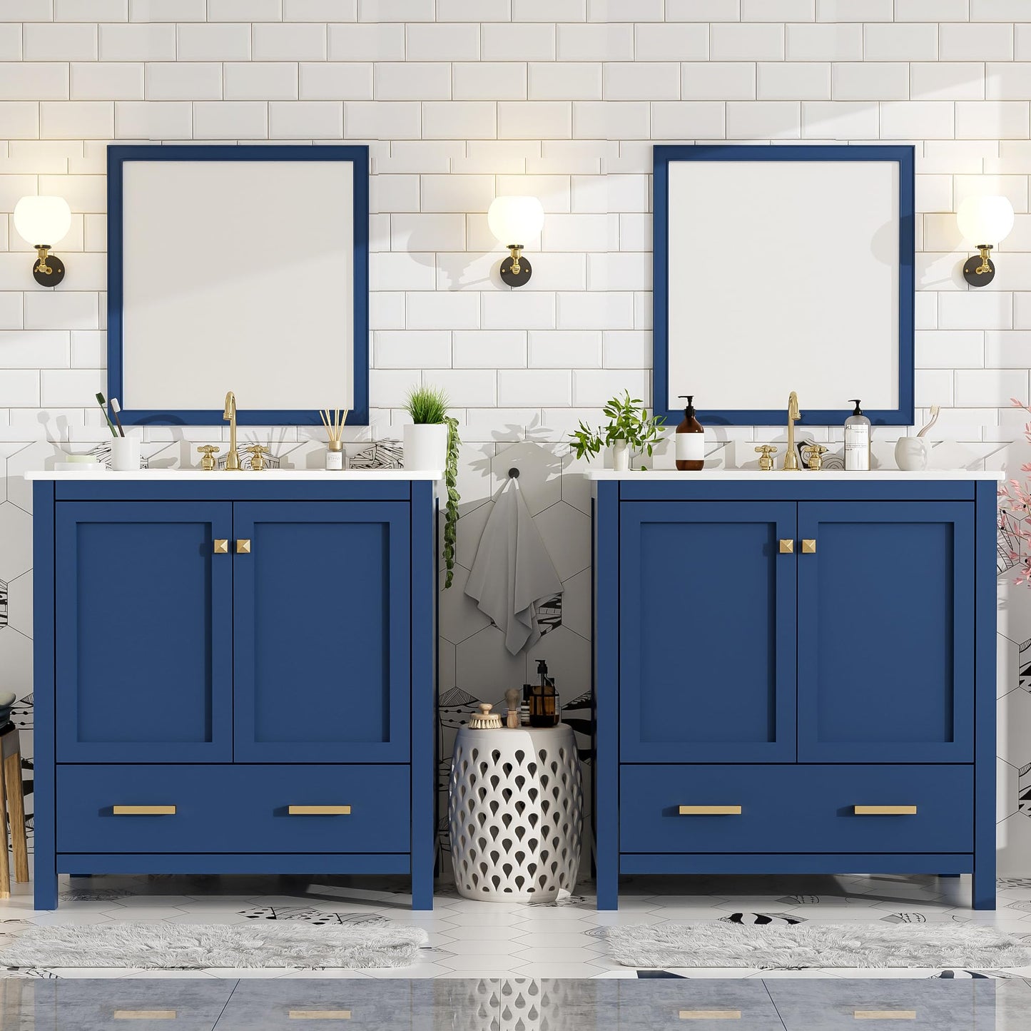 Favfurish 60" Double Bathroom Vanity with Ceramic Sink,Freestading Bathroom Storage Cabinet w/Shelf and Divided Drawers,Soft Close Doors,Separate 2 Bath Vanities Set,Mirror Not Included,Blue