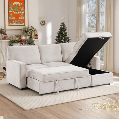 ERYE Comfy L-Shaped Chenille Sofa Bed, L-Shaped Reversible Sleeper Sectional Sofa with Pull Out Sleeper Couch Bed, Drop-Down Cup Holders,Storage Chaise & Dual USB Ports