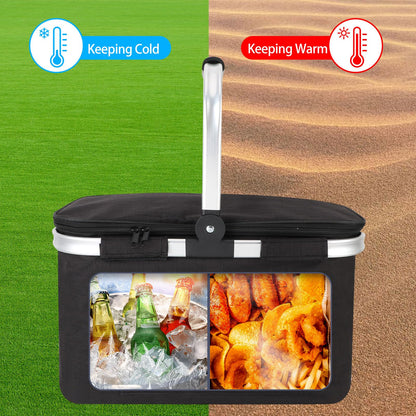 MEKOTRIN Large Picnic Basket Insulated, Foldable Shoping Basket Cooler Bag, Leakproof Picnic Baskets with Handle and Lid for Camping Outdoor Birthday Lunch BBQ Travel Beach(Black, 17.7x10.2x9.8in)
