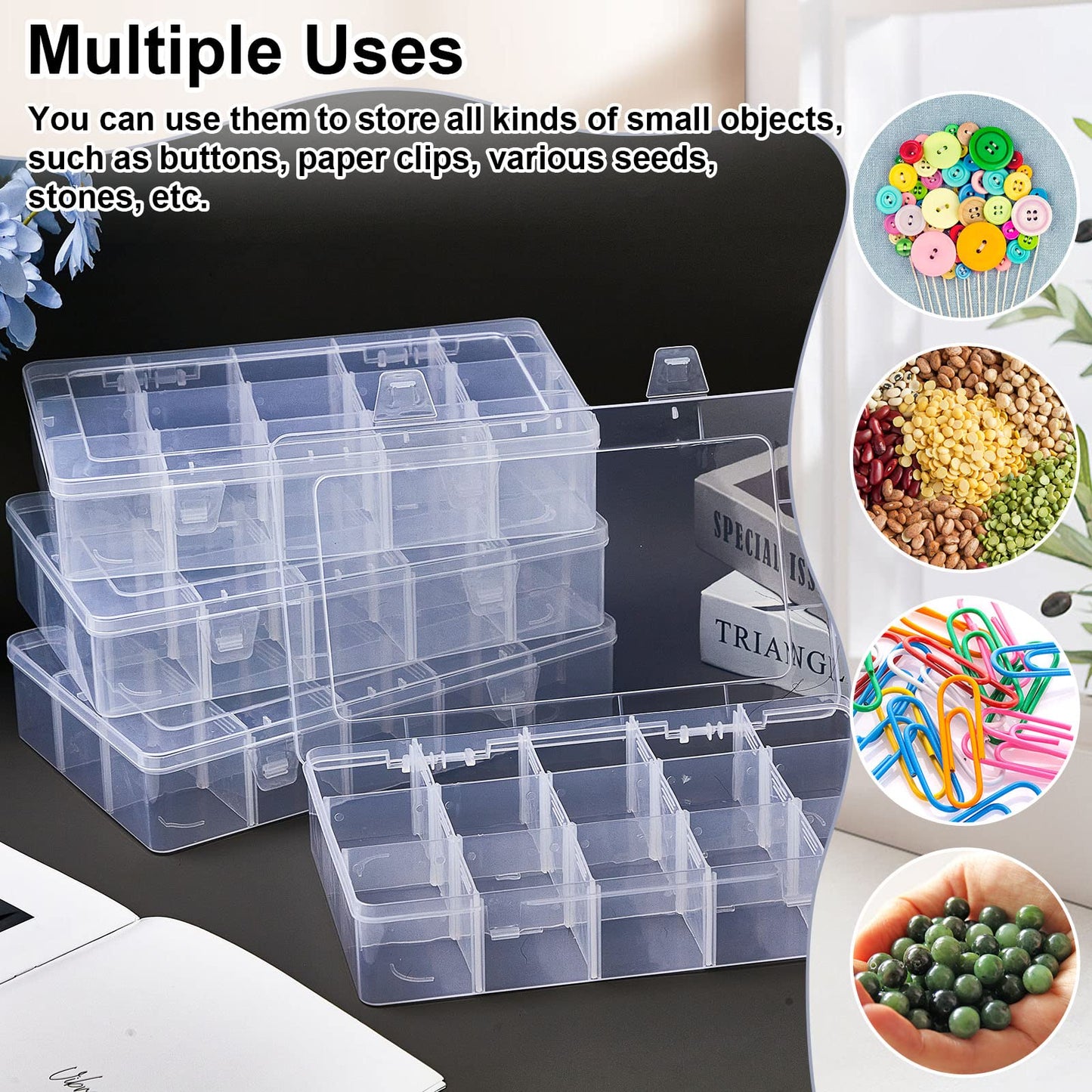 Fuutreo 7 Pack 15 Large Grids Clear Plastic Bead Organizer, Plastic Washi Tape Organizer Clear Craft Box with Removable Divider Compartment Jewelry Box Contains for Jewelry, Beads, DIY Crafts