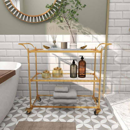 Deco 79 Metal Rolling 3 Glass Shelves Bar Cart with Lockable Wheels, 38" x 14" x 31", Brass