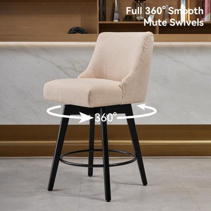 Vipbear Counter Height Bar Stools Set of 3, 26" H Swivel Bar Stools with Backs, Linen Fabric Upholstered Bar Chairs with Solid Wood Legs for Kitchen Island, Dining Room, Home Bar, Beige