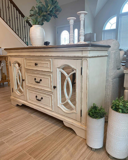 Signature Design by Ashley Realyn French Country Distressed Dining Room Server, 3 Drawers, 2 Cabinet Doors, Wood, 59" W x 17" D x 36.5" H, Chipped White