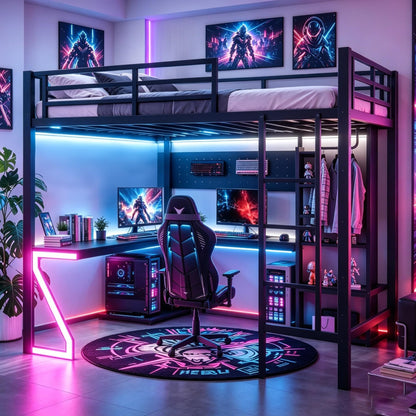 Bellemave Queen Size Gaming Loft Bed with L-Shaped Desk, Computer Tray, Peg Board & USB Ports, Metal Queen Loft Bed Frame with RGB Lights & Storage Shelves for Teens, Black