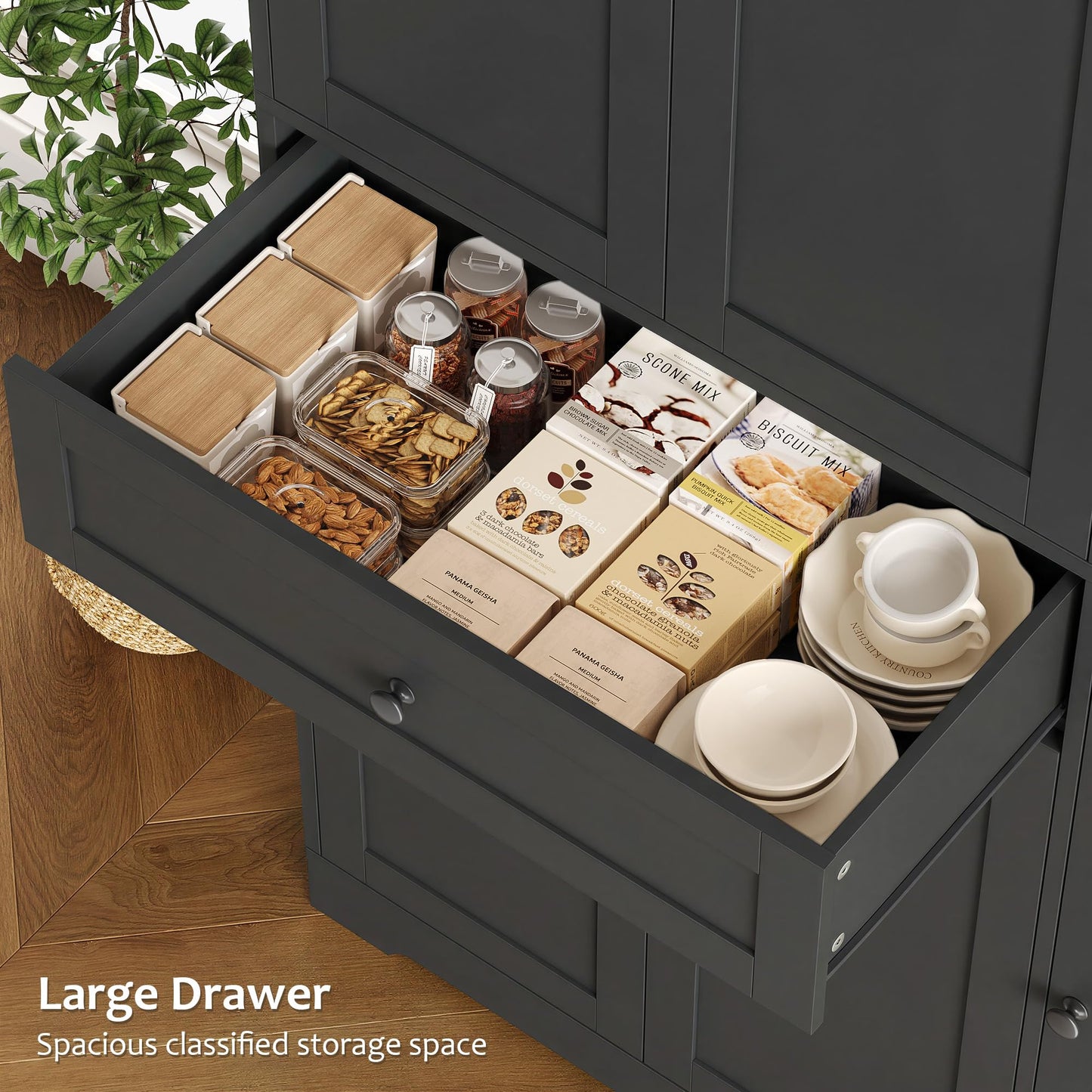 HOSTACK 68" Tall Kitchen Pantry Storage Cabinet, Modern Kitchen Hutch Cabinet with Doors and Shelves, Freestanding Food Pantry with Large Storage Drawer for Dining Room, Living Room, Black
