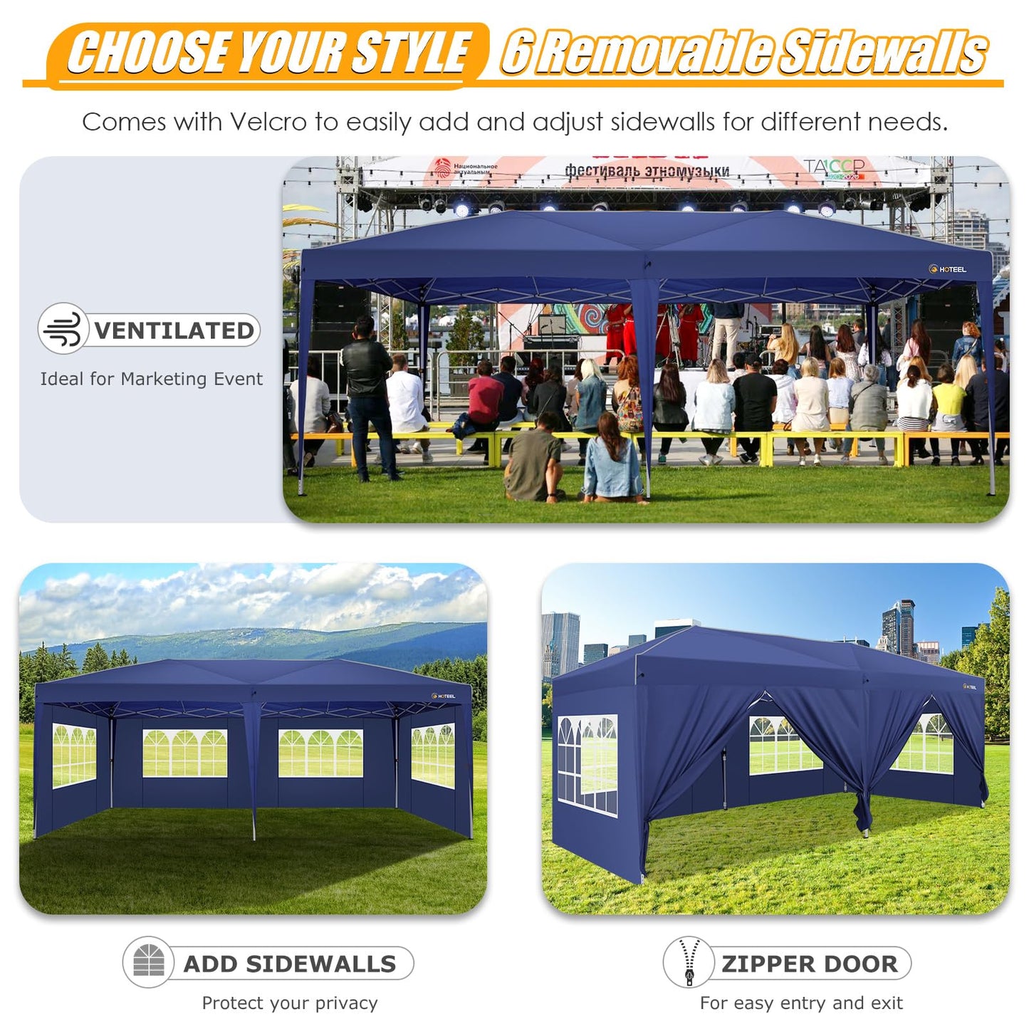HOTEEL 10x20 Pop up Canopy Tent with Sidewalls, Outdoor Waterproof Tents for Parties with Center Lock, Sandbag, Easy Setup Event Tent Shelter with Reinforce Rod for Backyard, Camping, Market, Navy