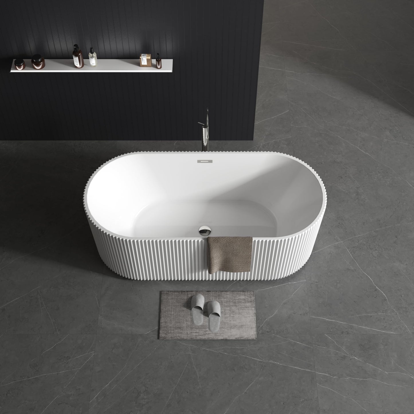 59" Acrylic Freestanding Soaking Bathtub with Striped Design, Bathroom Tub Includes Overflow Cover, Pop-Up Drain, Hidden Drainage System, Easy Installation, cUPC Certified, Glossy White Finish