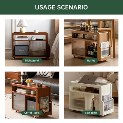 Wayshome Solid Wood Narrow Side Table with Storage, End Table with Magazine Rack & Glass Door Cabinet, Small Couch Side Table for Living Room, Slim Nightstand for Bedroom, No Assembly