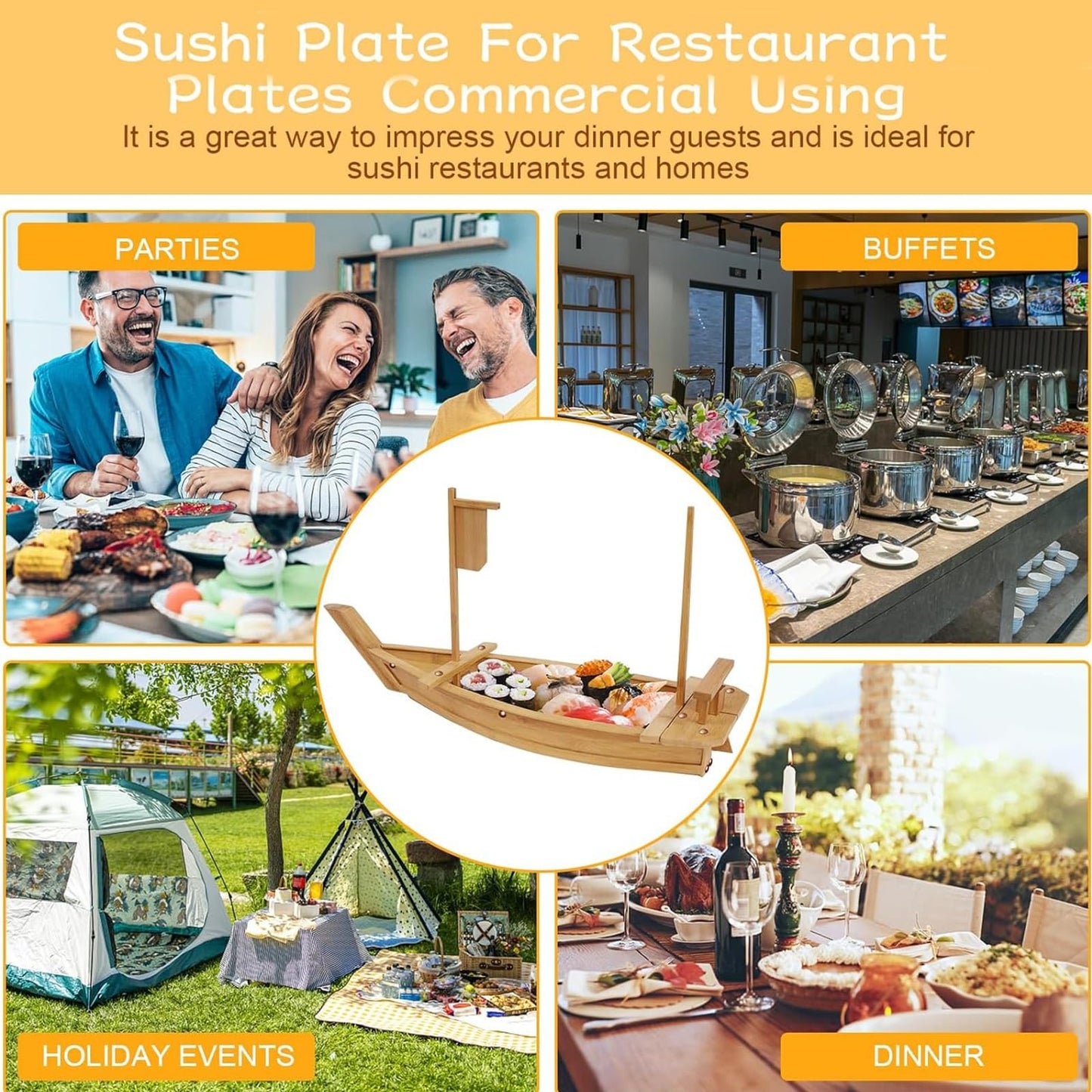 Extra Large Sushi Boat Serving Tray Japanese Sushi Plate Bamboo Charcuterie Board Sushi Roll Tray for Decor for Restaurantware Party(Bamboo/2.6FT)