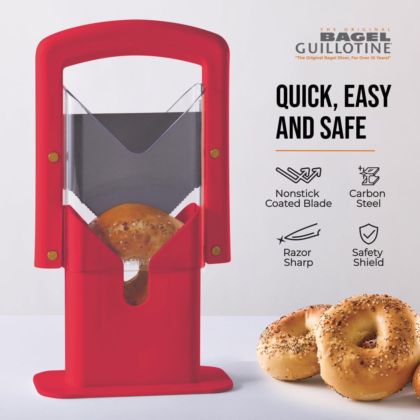 Hoan Bagel Biter Slicer and Cutter with Safety Shield - Serrated Blade Cuts Bagels, Muffins, Buns and Rolls - Dishwasher Safe Bagel Guillotine, 9.25 Inches Tall, Red