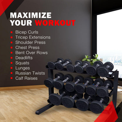 Body-Solid (GDR363) 3-Tier Horizontal Dumbbell Rack Stand Only, Weight Rack Stores 10 Pairs Hex Dumbbells from 5-50 lbs, Home Gym Dumbell Organizer Racks