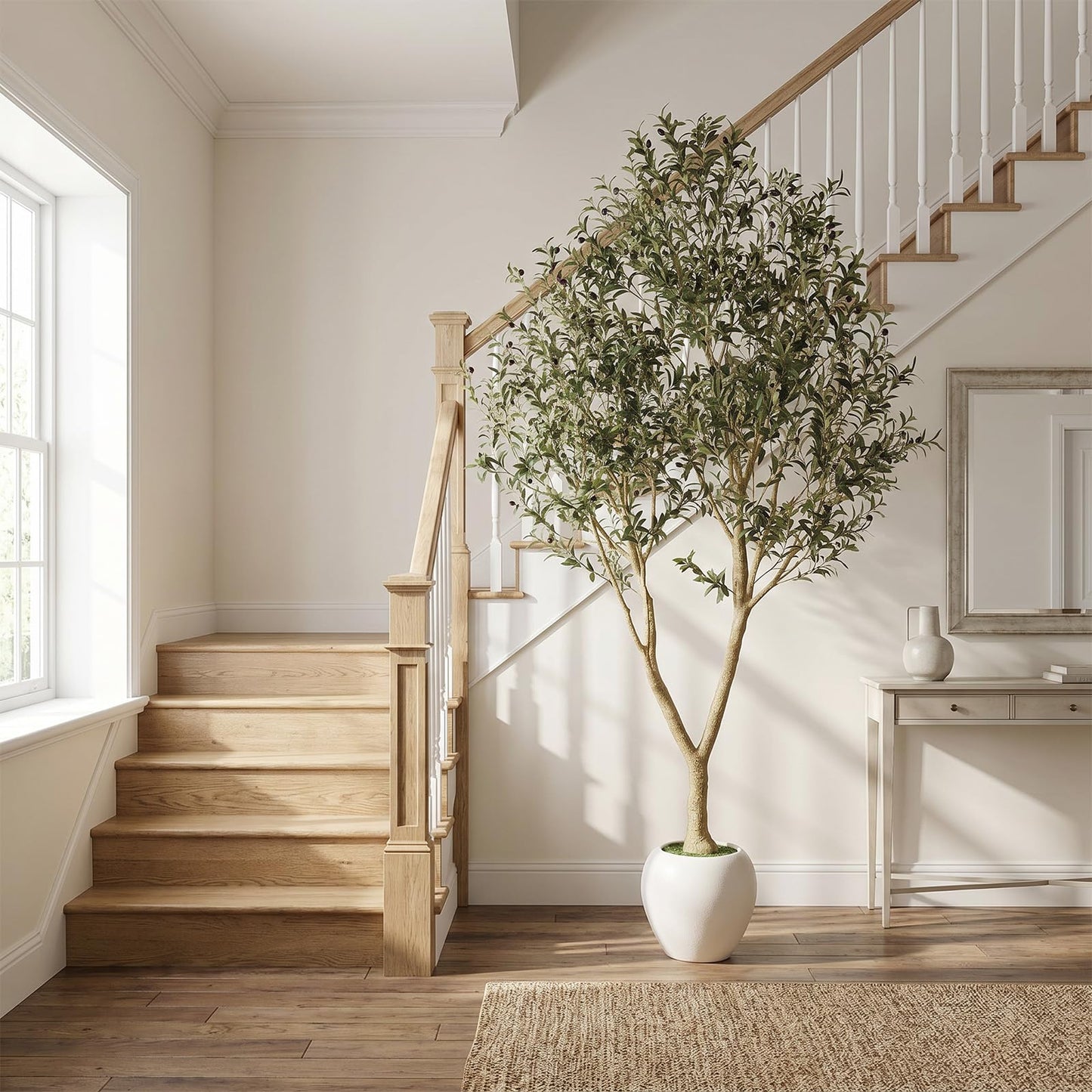 PHYTREE 9ft Artificial Olive Tree with White Planter Included - Large Indoor Floor Plant with Natural Trunk and Fruit Accents for High-Ceiling Living Room and Hallway Corner