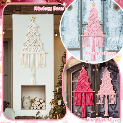 HunnmingRe Pink Christmas Tree 3 Set Macrame Christmas Wall Decoration Hanging Ornaments Boho Wall Decor for Party Supplies(Beige, Light and Dark Pink)