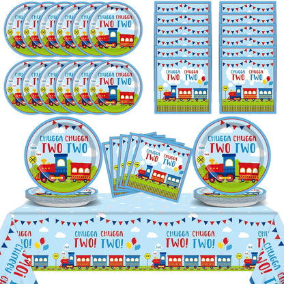 24 Set 2nd Qyeahkj Guests Chugga Chugga Two Two Birthday Party Paper Plates Napkins Tablecloth Supplies Train