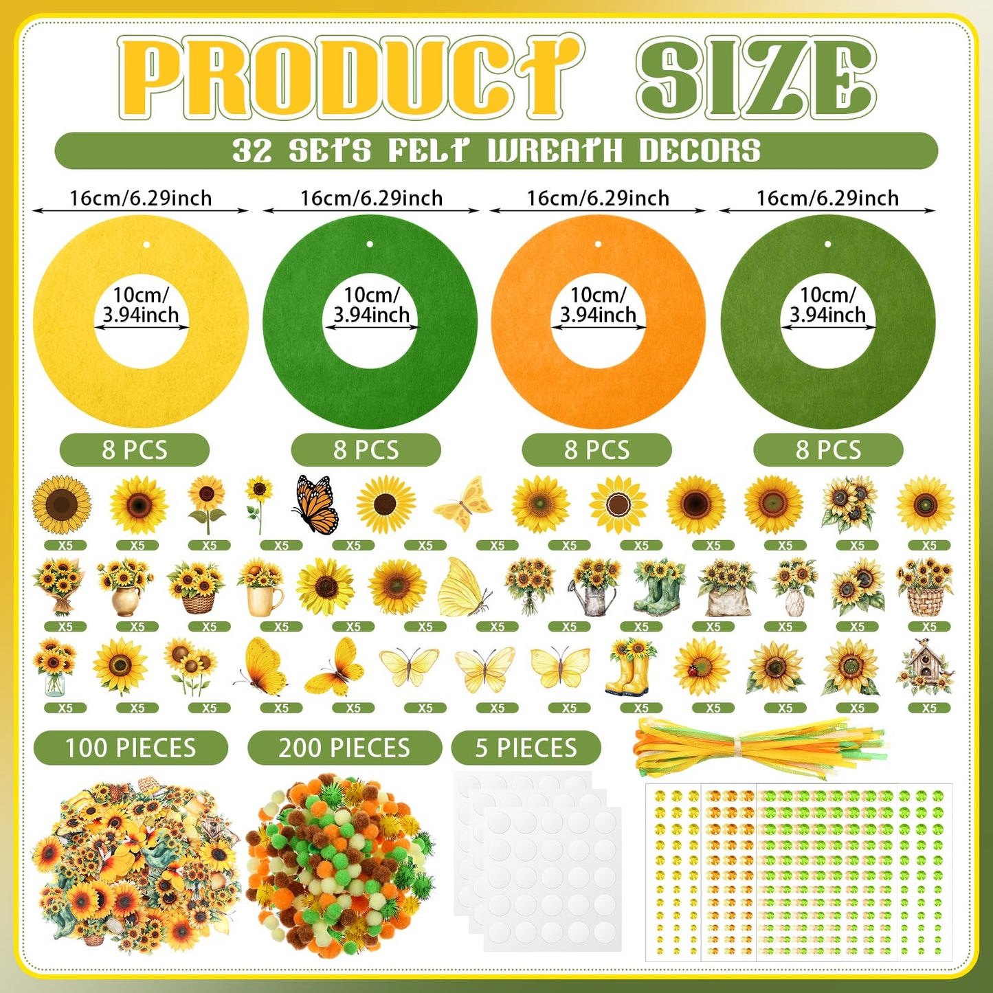 Wavwavw 472 Pcs Sunflower DIY Craft Kits Sunflower Wreath Summer Craft Kit Wreath Arts Decorations with Butterflies House Felt Stickers for Home Indoor Outdoor Party Activities Decor