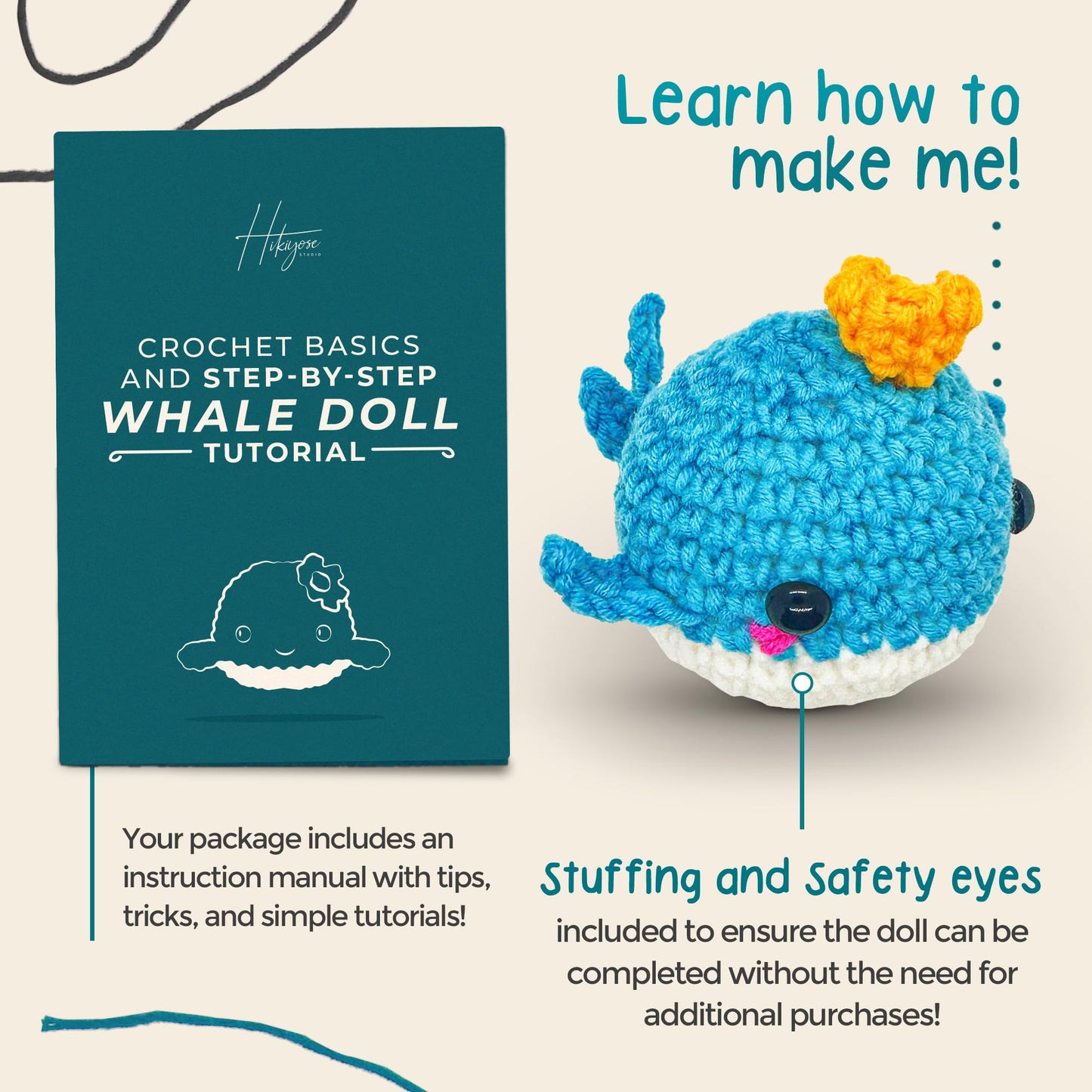 Hikiyose Crochet Kit for Beginners Adults - Crochet Accessories with 12 Soft Crochet Yarn Set, 9 Hooks, Storage Bag, Blue Whale Video Tutorial - Easy Crochet Kit for Beginners Kids, Hobbies for Women