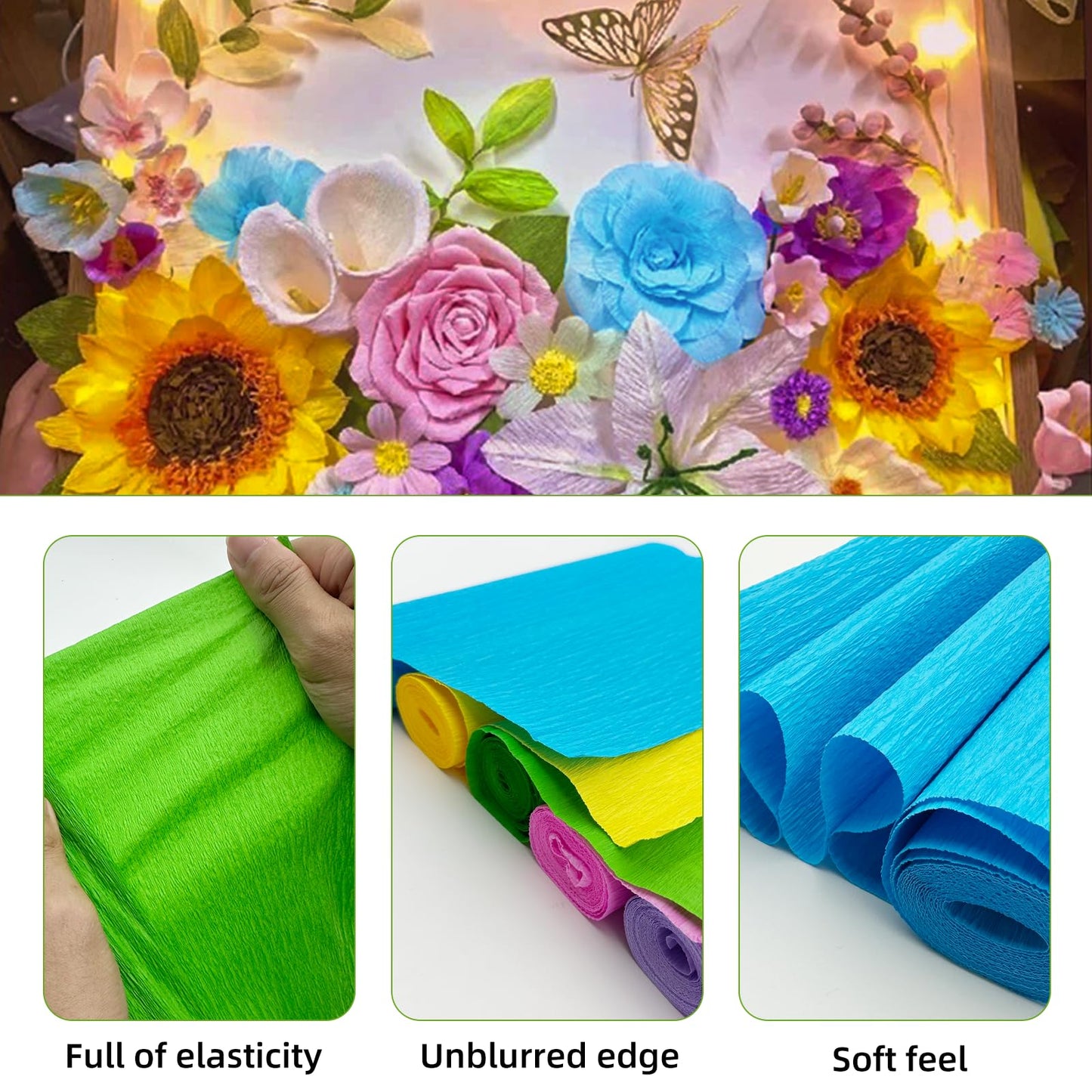 57pcs 6 Rolls Crepe Paper DIY Flower Making Kit, Size 10" x 98" Craft Streamers Include Floral Tape & Stem Wire for Wedding, Party, Festival Decorations for Gift Wrapping & Paper Flowers