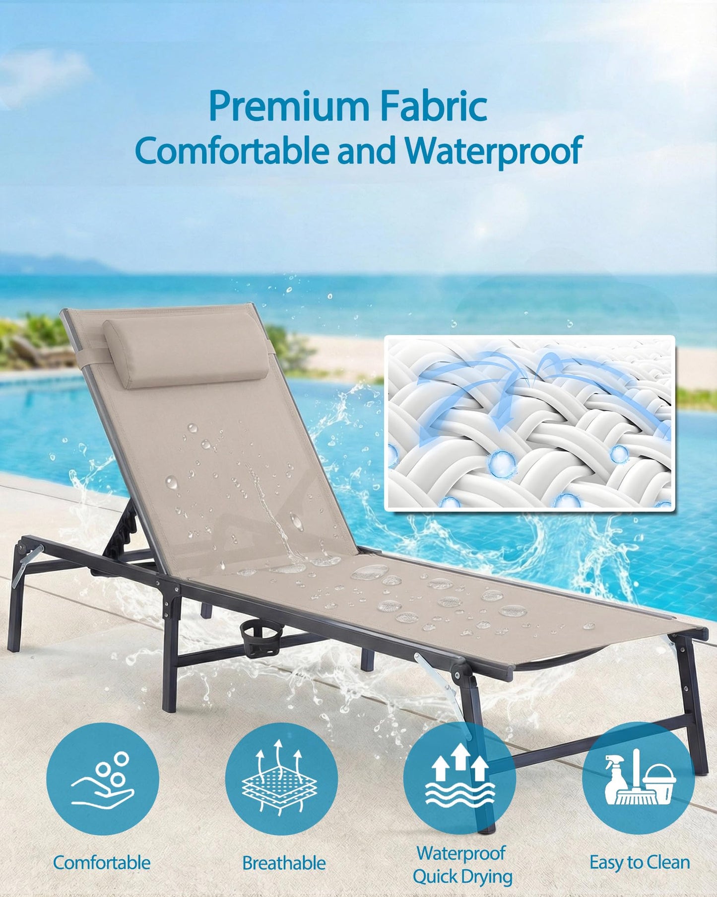 2 Pack Foldable Chaise Lounge Chair with Cup Holder, Assemble-Free Outdoor Lounge Chair with Detachable Pillow and 6 Adjustable Backrest, Patio Lounge Chair for Outside Poolside Beach Pool, Khaki