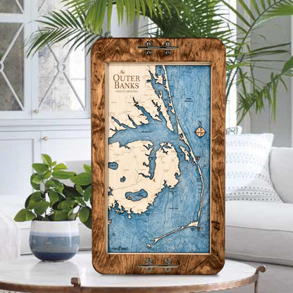 Outer Banks 3D Wood Map Nautical Decor Serving Tray & Wall Art, OBX Coastal Home Decor, Nautical Ottoman Tray, Handcrafted in The USA, 13 x 24.5-in (Distressed Coffee/Deep Blue)