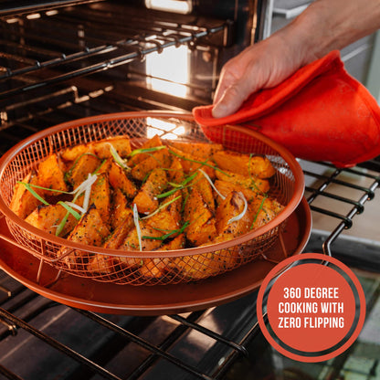 Chef Pomodoro Crisper Basket and Tray Set -2 Pieces, Large Plate for Oven with Air Fryer Option, Oil-Free Cookware Pan, Full Size Oven and Air Fryer Accessories for Any Kitchen, 12.2 inches (Copper)