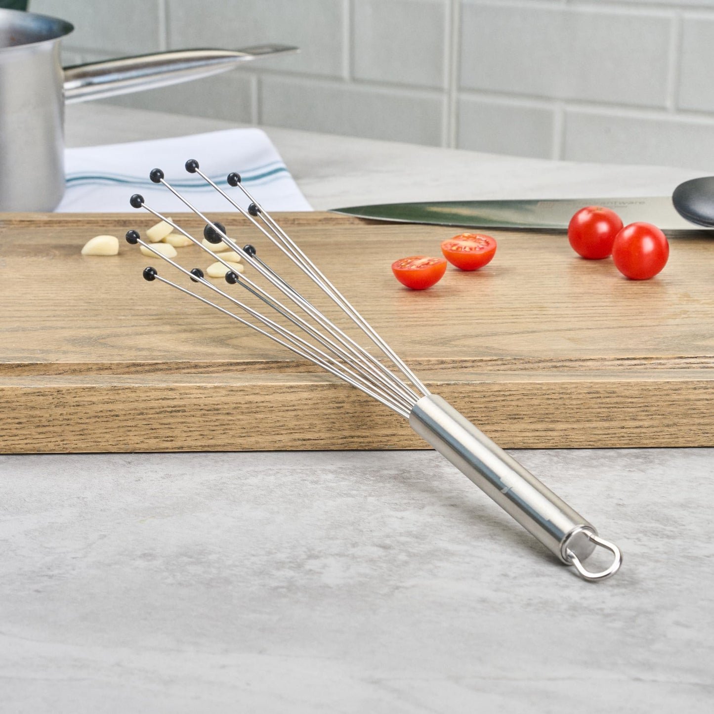 Restaurantware 12.5 in Stainless Steel Ball Whisk with Silicone Tips - German Standard Sauce & Gravy Whisk, Non-Scratch, Dishwasher Safe - Non-Stick Silicone Ball Whisk for Baking