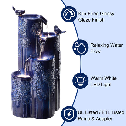 Glitzhome 32" H Outdoor Water Fountain with LED Lights and Pump, 4 Tier Ceramic Cobalt Blue Dandelion Texture Outdoor Fountains and Waterfalls with Cute Birds, for Porch Deck Garden Patio Backyard