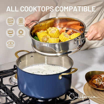 CAROTE 8QT Full Clad Tri Ply Stainless Steel Stock Pot with Lid, Kitchen Stockpot Soup Pot, Outer Ceramic Layer, Even Heating, All Stoves Compatible, Oven & Dishwasher Safe, Stay Cool Handle, Blue