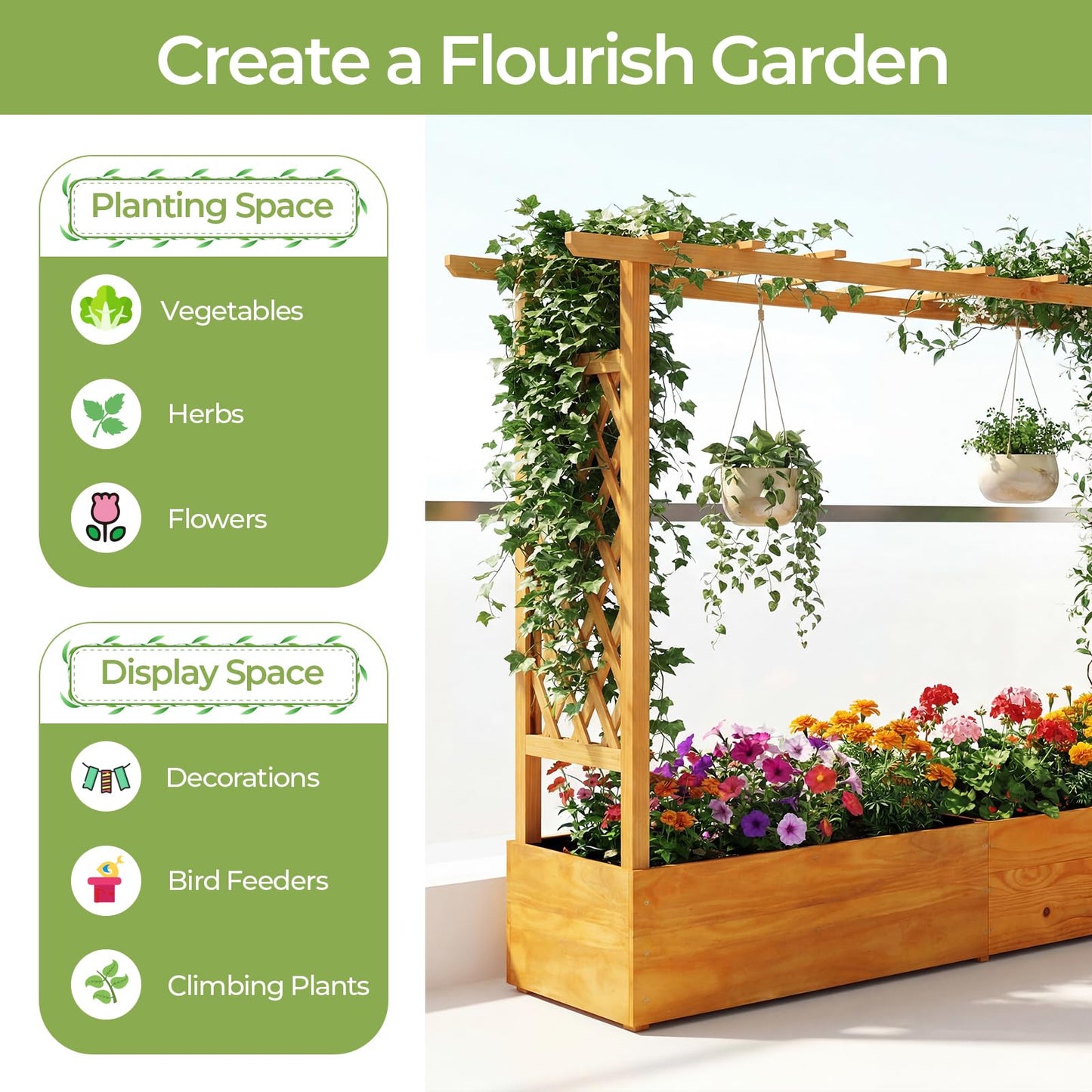 S AFSTAR 45-Inch Raised Garden Bed with Arch Trellis, Hanging Roof, Planter Box, Drainage Holes, Vertical Plant Container for Vine Climbing Plant Flower, Flower Bed Wood Planter for Indoor & Outdoor