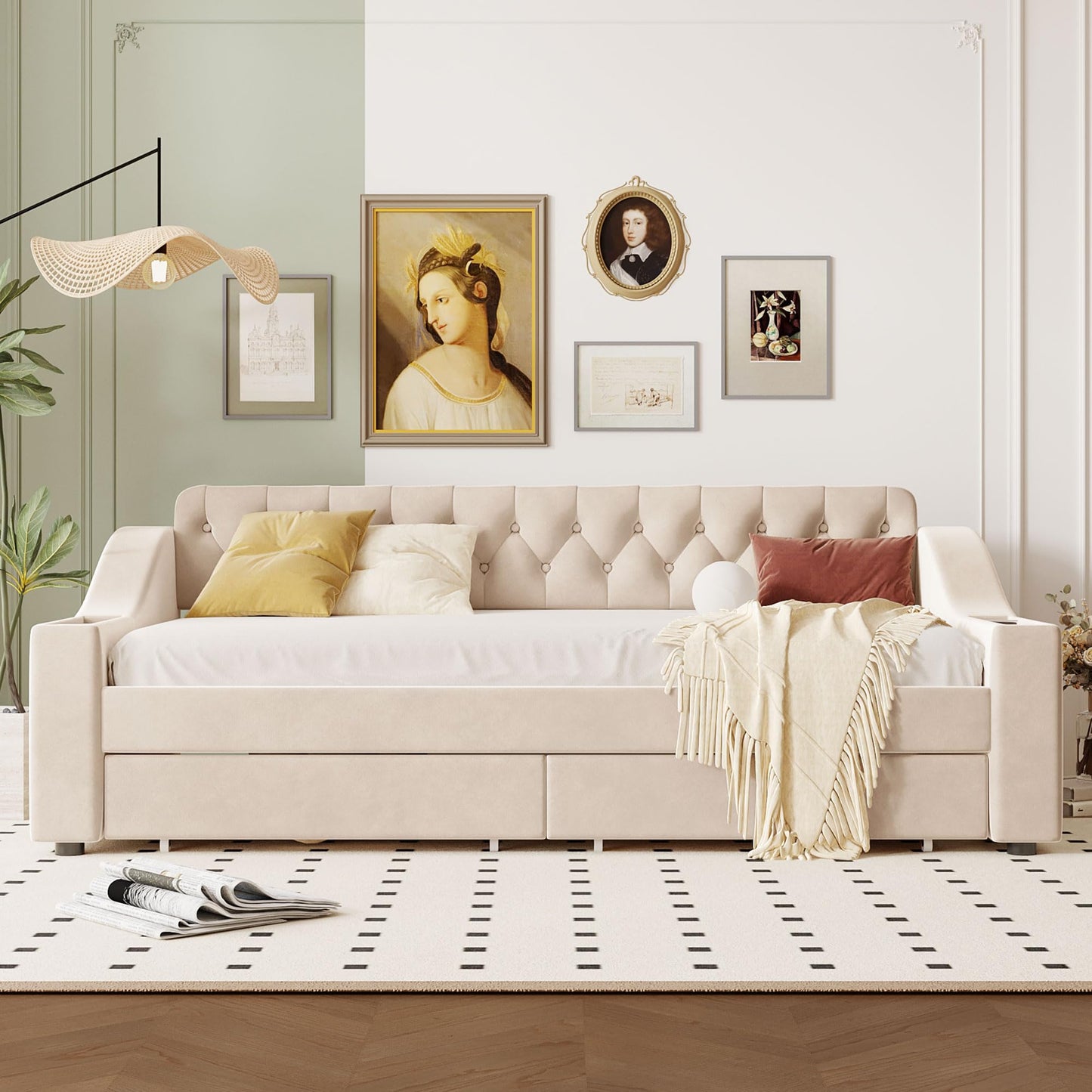 GDFStudio Twin Size Upholstered Daybed with USB Ports and Storage Drawers, Velvet Daybed Frame with Button Tufted Armrests and Wood Slat Support, Beige