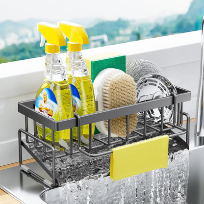 BREIS Kitchen Sink Caddy Organizer with Rag Holder,Self-Draining Sponge Holder for Countertop Soap Dispenser Organizers and Storage Essentials,Kitchen Decor and Accessories