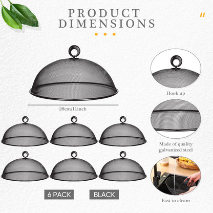 Gerrii 6 Pcs Metal Mesh Food Cover Outdoor Mesh Food Tents Dome Screen Plate Covers for Dinner Plates Reusable Fruit Fly Nets Picnic Umbrella for Table, BBQ, Camping, Party(Black,11 Inch)