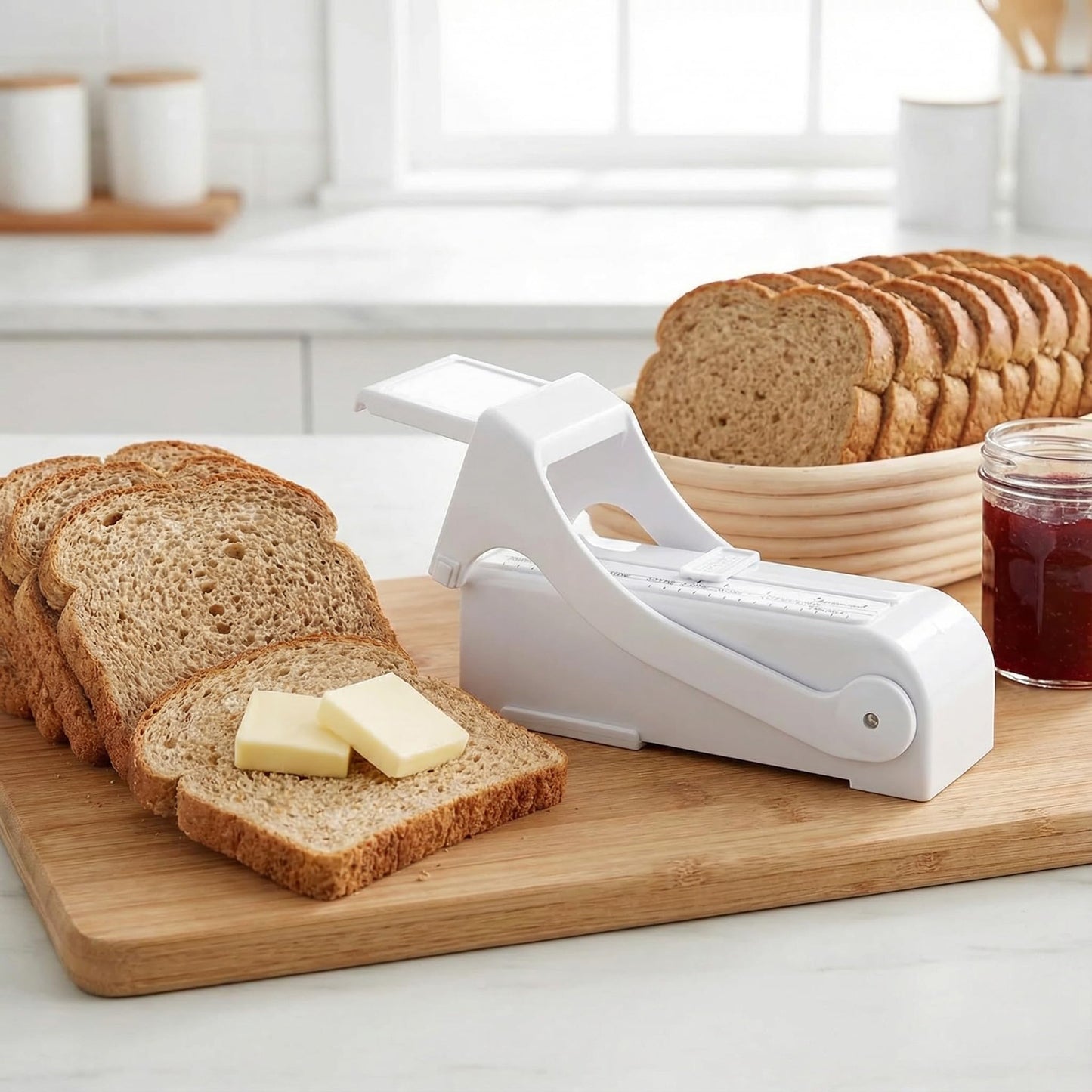 wanebeibay Butter Cutter Slicer and Dispenser, Measuring Dispenser and Keeper, One-Click Operation for Bread Cakes Cookies Breakfast, Food-Grade Plastic with Stainless Steel Blade, White
