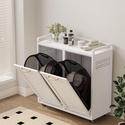 100L Dual Laundry Hamper with Wheels, Metal Rolling Laundry Cabinet with 2 Compartments and Removable Bags, Hidden Design