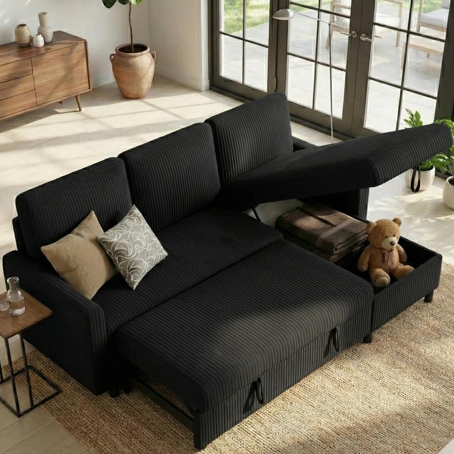 Shintenchi Futon Sofa Bed Convertible Couches L Shaped, 4‑in‑1 Sectional Sleeper Sofa Pull Out Couches for Living Room, Multifunctional Couch with Storage Chaise Corduroy Fabric, Black