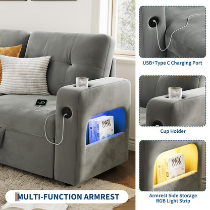 IDEALHOUSE 84" L Shaped Sleeper Sofa, Convertible Pull-Out Couch Bed with Storage & Charging Station, Sectional Sofa Bed with Cup Holder, Reversible Chaise for Living Room, Velvet, Light Gray