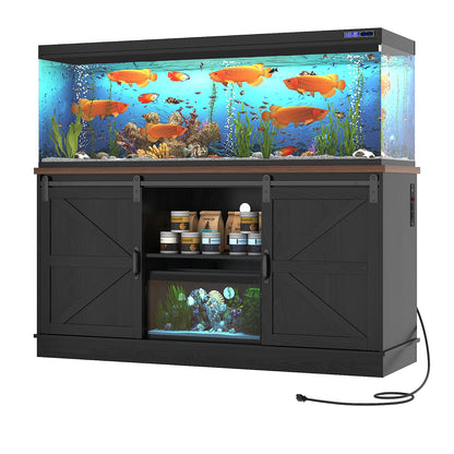 Hlivelood Farmhouse 75-120 Gallon Fish Tank Stand with Power Outlet, Aquarium Stand w/Cabinet&Sliding Barn Door, Heavy Duty Reptile Tank Stand for Fish/Turtle/Reptile Terrarium, 1000LB Capacity, Black