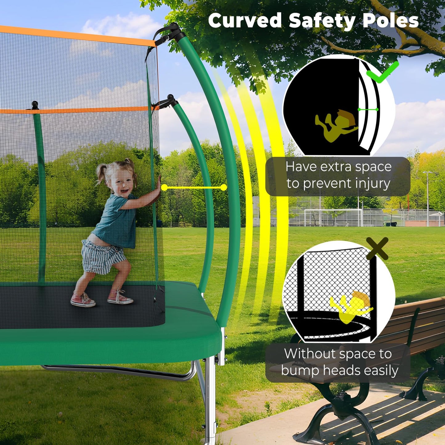 Lyromix 16FT Outdoor Rectangle Trampoline for Kids and Adults, Rectangular Trampoline with Curved Poles, Pumpkin Trampolin with Light, Sprinkler, Soccer and Storage Bag