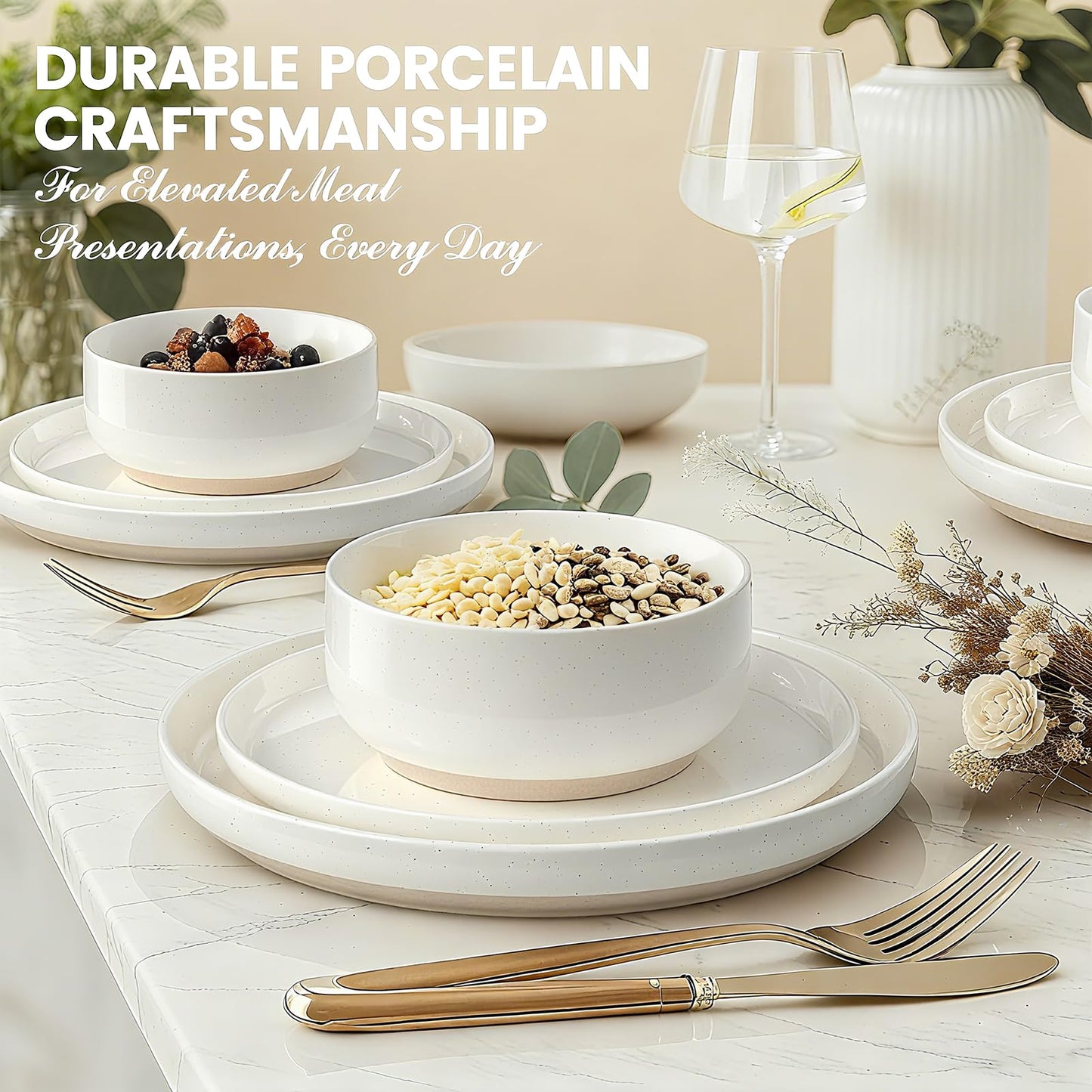 Plates and Bowls Sets, Dinnerware Sets for 4, 12 Pieces Scratch Resistant Dishware Dishes Set, Ceramic Kitchen Dinner Set, Porcelain & Microwave and Dishwasher Safe, Cream White
